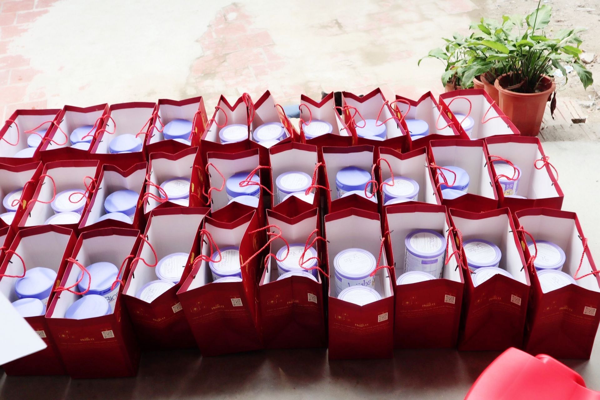 Những phần quà của nhãn hàng Biostime Việt Nam, trao tặng cho các trẻ mồ côi tại chùa Thiên Hương.